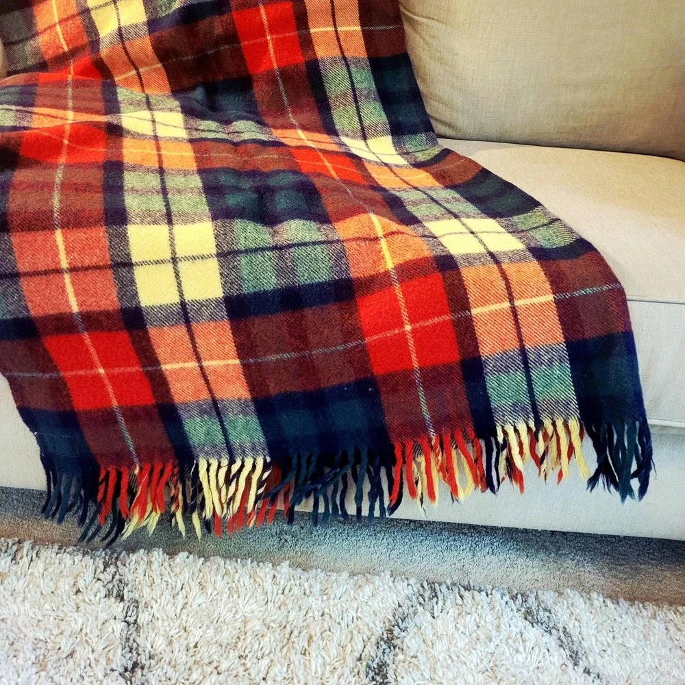 Vintage Troy Robe Wool Tartan Plaid Stadium Throw Blanket Fringe 54x77